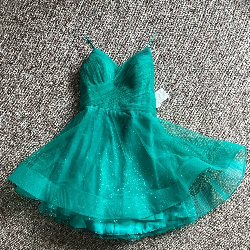 STACEES Hunter Green A Line Glitter Mini Dress Size 12 NWT